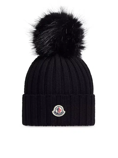 Moncler Wool Hat With Pom Pom In Black