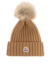 Moncler Pompom Wool Beanie In Brown