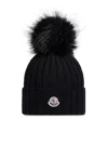 Moncler Ribbed Knit Wool Beanie With Faux Fur Pom-pom In Black