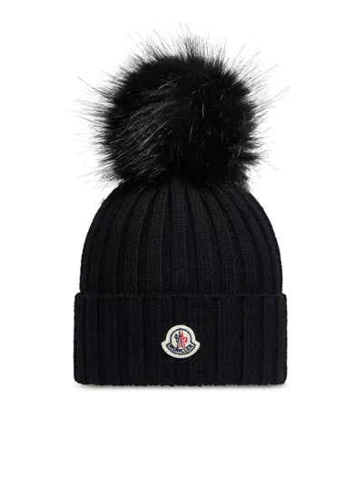 Moncler Wool Hat With Pompom In Black