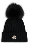 Moncler Ribbed Knit Wool Beanie With Faux Fur Pom-pom In Neutral