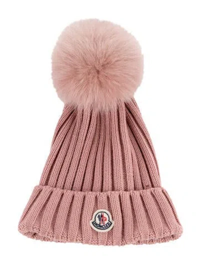 Pre-owned Moncler Wool Knit Beanie W/fur Pompom In Pink