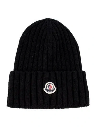 Pre-owned Moncler Wool Knit Logo Beanie In Black