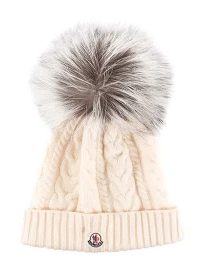Pre-owned Moncler Wool Knitted Beanie With Silver Fox Fur Pom Pom In Neutral