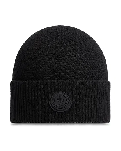 Moncler Wool Logo Patch Beanie In Black