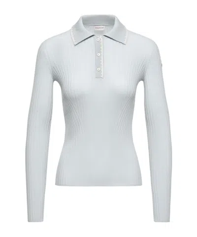 Moncler Wool Long Sleeve Polo Shirt In Blue