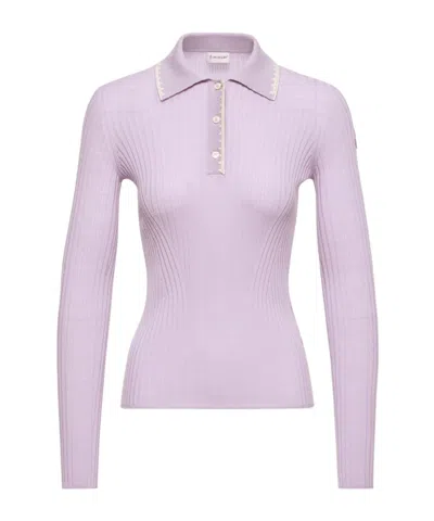 Moncler Wool Long Sleeve Polo Shirt In Pink