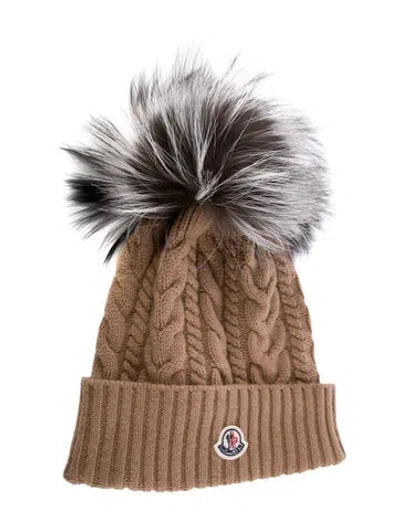 Pre-owned Moncler Wool Neutral Knit Beanie With Fur Pom Pom
