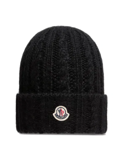 Moncler Wool, Nylon & Alpaca Cable & Rib Knit Hat With Logo Patch In Nero