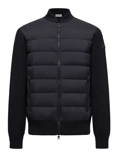 Moncler Wool Padded Cardigan With Zip In Blue