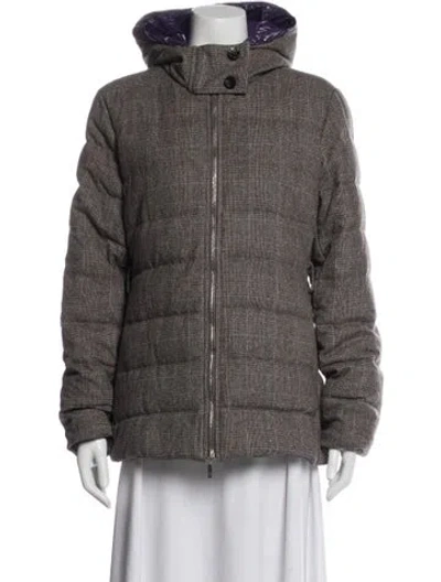 Pre-owned Moncler Wool Plaid Print Down Coat In Gray