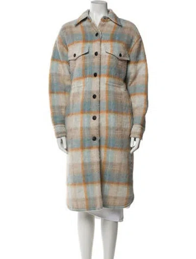 Pre-owned Moncler Wool Plaid Print Faux Fur Coat In Blue