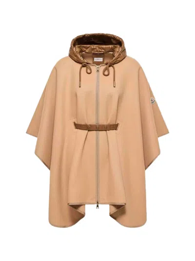 Moncler Wool Polyamide Hooded Belted Cape Outerwear In Neutral