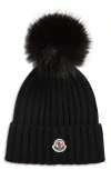 Moncler Wool Rib Beanie With Faux Fur Pompom In Black