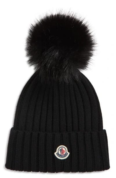 Moncler Wool Rib Beanie With Faux Fur Pompom In Black