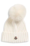 Moncler Wool Rib Beanie With Faux Fur Pompom In White