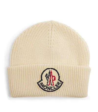 Moncler Wool Ribbed Logo Beanie In White