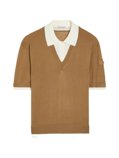 Moncler Layered Virgin Wool Blend Polo Shirt In Brown