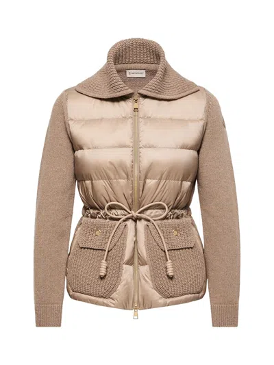 Moncler Wool-cashmere Blend Down-padded Cardigan In Neutral