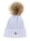 Moncler Womens Light Blue Logo-badge Ribbed Knitted Hat In Blue