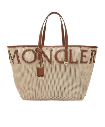 Moncler Woven Leather Tote Bag In Nude