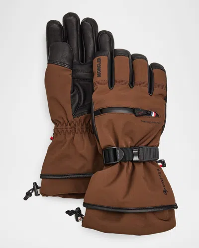 Moncler X Reusch Men's Leather And Stretch Nylon Padded Gloves With Pocket In Brown