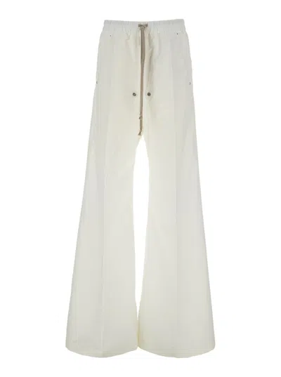 MONCLER X RICK OWENS 'BELAS' WHITE PANTS WITH DRAWSTRING WAIST AND LOGO PATCH ON THE SIDE IN TECH FABRIC MAN