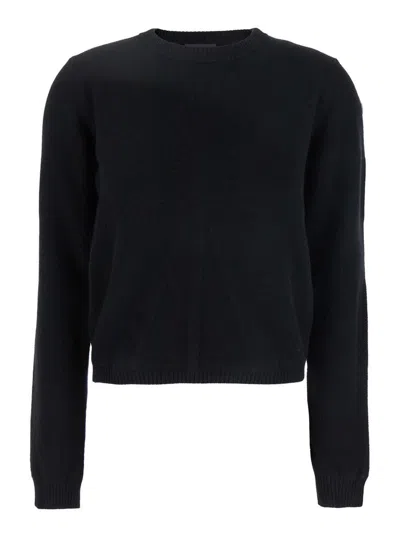 MONCLER X RICK OWENS 'BIKER' BLACK CREWNECK SWEATER WITH LOGO PATCH ON THE SLEEVE IN WOOL AND CASHMERE BLEND WOMAN