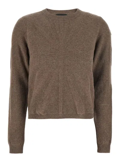 MONCLER X RICK OWENS 'BIKER' BROWN CREWNECK SWEATER WITH LOGO PATCH ON THE SLEEVE