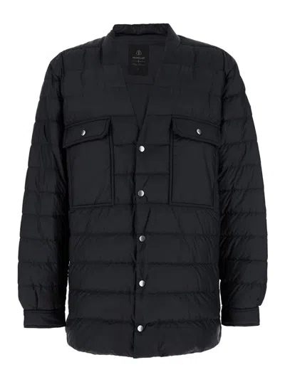 Moncler X Rick Owens Black Down Jacket With Logo Patch On The Sleeve And Snap Buttons In Tech Fabric Man