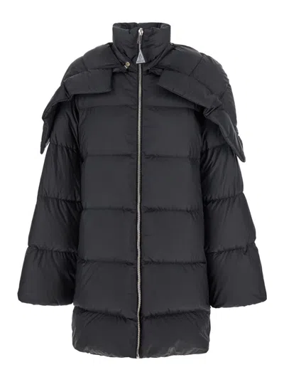 MONCLER X RICK OWENS 'CYCLOPIC' BLACK DOWN JACKET WITH REMOVABLE HOOD AND LOGO PATCH