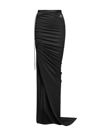 Moncler X Rick Owens Gathered Long Skirt With Fitted Waist And Side Slit In Black