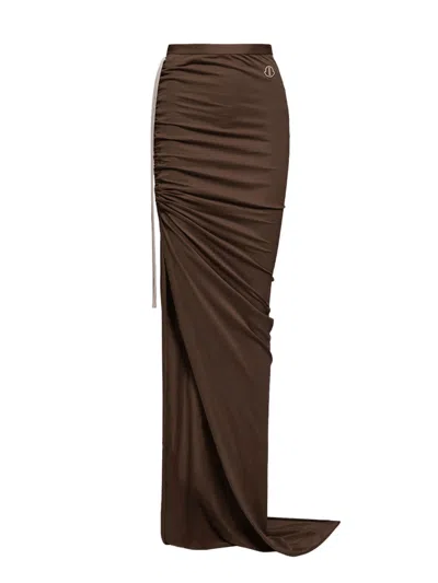 Moncler X Rick Owens Gathered Long Skirt With Fitted Waist And Side Slit In Brown