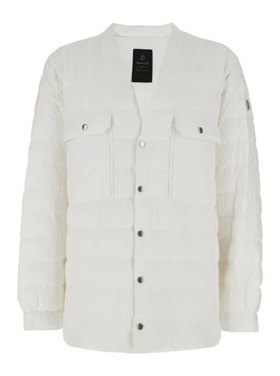 MONCLER X RICK OWENS WHITE DOWN JACKET WITH LOGO PATCH ON THE SLEEVE AND SNAP BUTTONS IN TECH FABRIC MAN