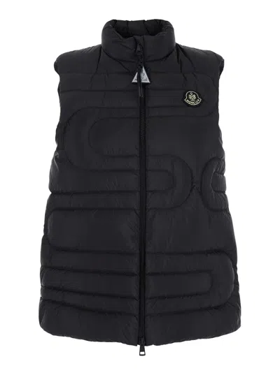 Moncler 'xihu' Black Sleeveless Down Jacket With Logo Patch On The Front In Tech Fabric Woman