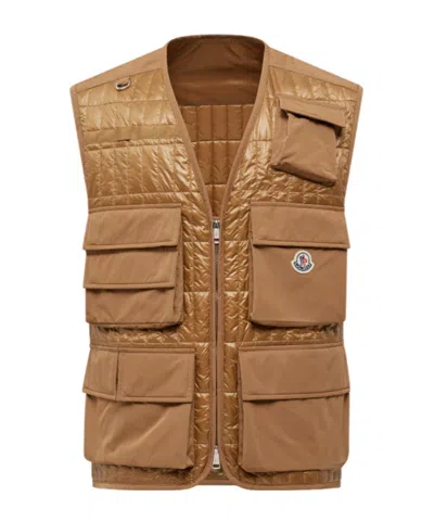 Moncler Ytise Vertical-quilted Padded Vest In Brown