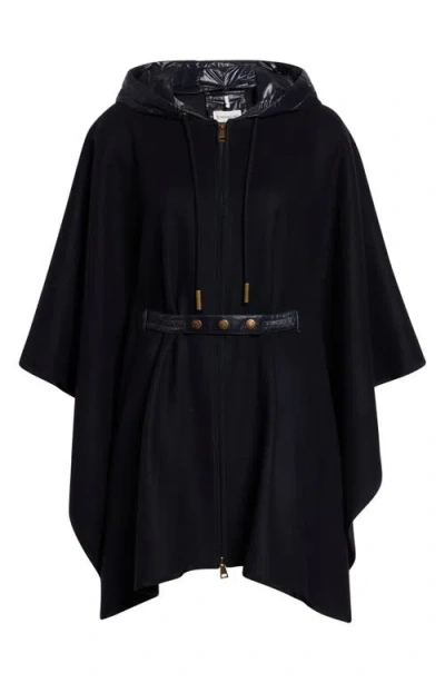 Moncler Zip Padded Wool Blend Hooded Cape In Black