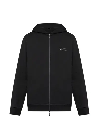 Moncler Hooded Cotton Fleece Sweatshirt Zip Pockets In Black