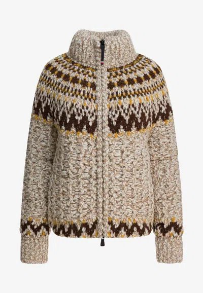Moncler Zip-up Knitted Cardigan In Sand