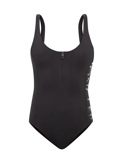 Moncler Zip-neck Logo Print One Piece Swimsuit In Black