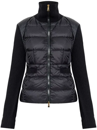 Moncler Padded Virgin Wool Blend Down Cardigan In Black