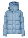 Moncler Long Little Down Jacket With Square Quilting And Hood In Blue