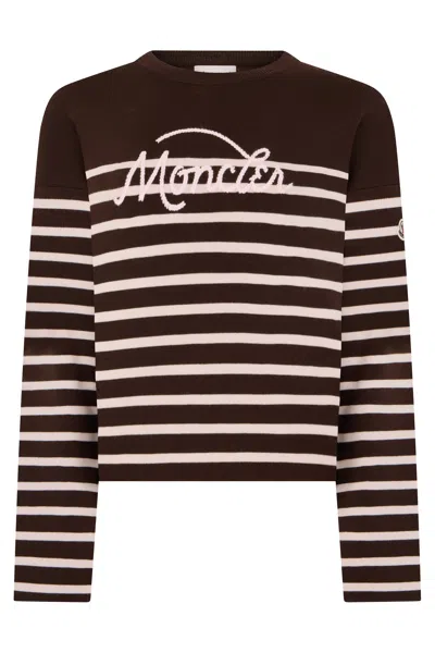 Moncler -inspired Long Sleeve Striped Wool Sweater With Logo In Brown
