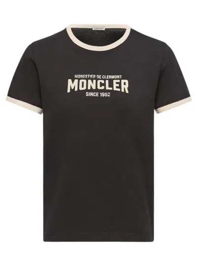 Moncler -style Embossed Logo Crewneck Cotton T-shirt With Contrasting Trim In Black