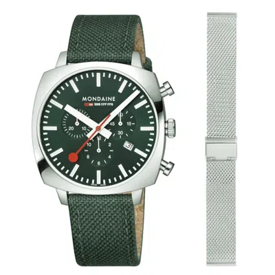 Pre-owned Mondaine Men's Watch Squar Chrono Green Msl.41460.lf.set Sapphire Glass, Wechs