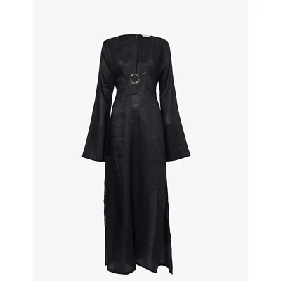 Monday Swimwear Womens Black Linen Montego Plunge Ring-detail Knitted Maxi Dress