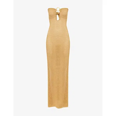 Monday Swimwear Womens Gold Lurex Lace Crochet Montego Bandeau Metallic Knitted Maxi Dress In Neutral