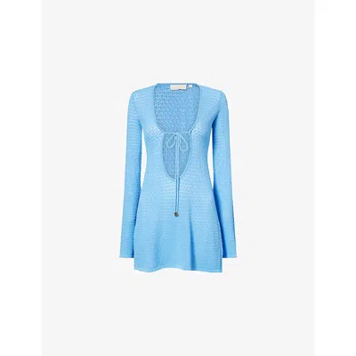Monday Womens Azure Lace Crochet Montego Mini Tie Dress In Blue