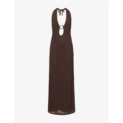 Monday Womens Montego Halterneck Lace-crochet Maxi Dress Espresso Lace Crochet