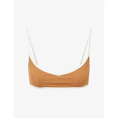 Monday Womens Soho V-neck Stretch-jersey Sports Bra Caramel/ivory Jersey